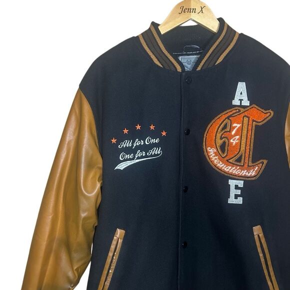 Springfield Black Brown Long Sleeve Varsity Jacket Size L Wool Leather Trim - Picture 2 of 14